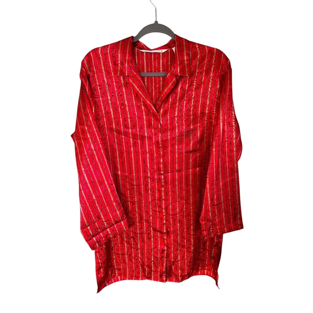 Vintage Victoria's Secret Red Gold Striped Paisley Satin Sleepshirt Pajama Top S